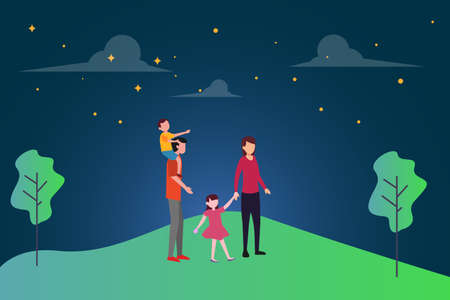 Family dream vector concept: group of family sanding in the middle of green hills while staring at the starry skies togetherのイラスト素材