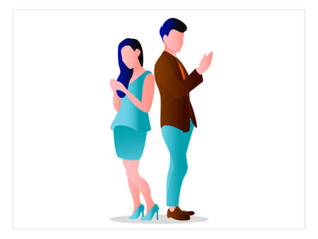 Romance vector concept: couple standing back to back against each other with some hand gesturesのイラスト素材