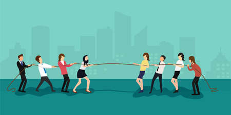 Business tug of war vector concept: group of businesspeople playing tug of warのイラスト素材