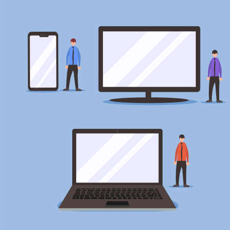 Big gadget vector concept with group of male figures wearing suits, while standing beside the big gadget icons in blue backgroundのイラスト素材