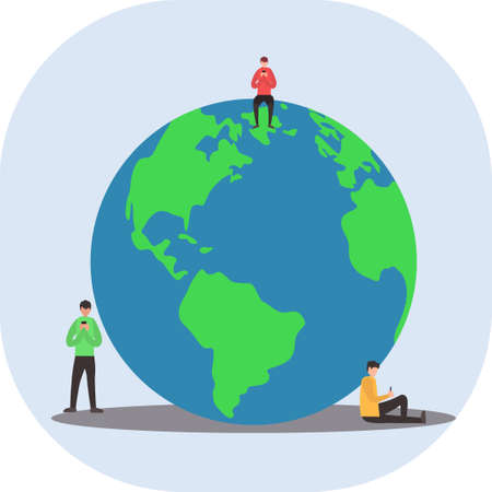 Social media vector concept with group of male figures sitting near the big earth planet icon while using their own phone in whit background with gray shadesのイラスト素材