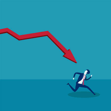 Recession vector concept: businessman running away from the chasing red arrow chartのイラスト素材