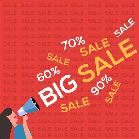 Big sale vector concept with female figure shouting sales discount through the megaphone, in the red background with Sale texts and discounted price numbersのイラスト素材