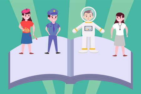 Career vector concept: group of people with different professions standing on a bookのイラスト素材