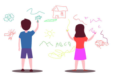 Wall drawing vector concept: back view of children couple drawing on the white wallのイラスト素材