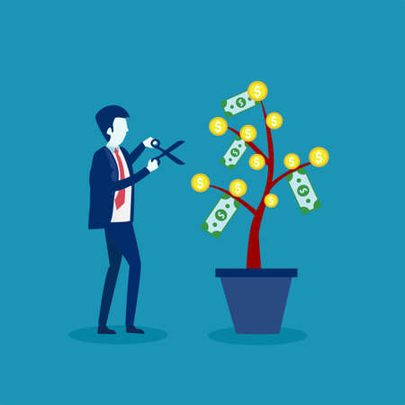Investment vector concept: businessman cutting and harvesting his money plantのイラスト素材