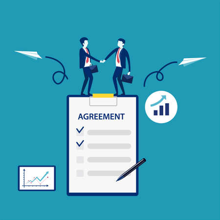 Business agreement vector concept: businessmen shaking hands while standing on big business agreement documentのイラスト素材