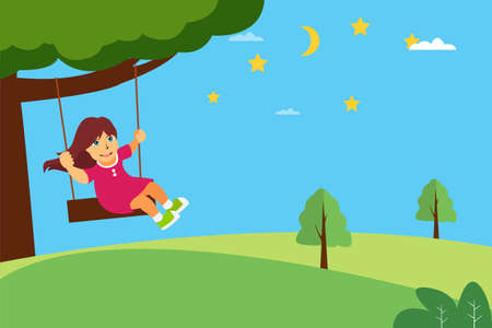 Hills playground vector concept: girl swinging below the tree in the middle of green hillsのイラスト素材