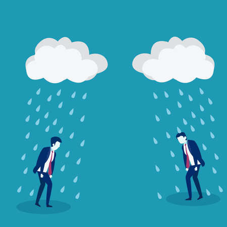 Financial crisis vector concept: male figures wearing dark blue suits while walking in the rainのイラスト素材