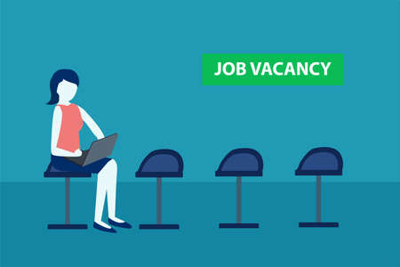 Job vacancy vector concept: businesswoman using her laptop while waiting for job interviewのイラスト素材