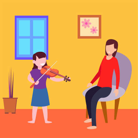 Music course vector concept: girl playing violin in front of her mentor motherのイラスト素材