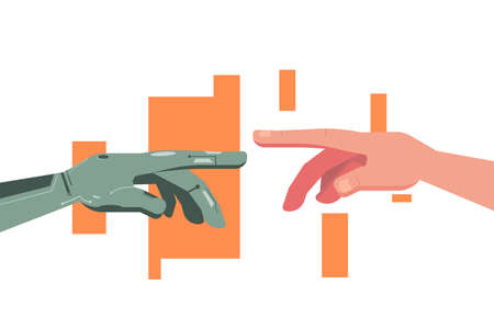Robot vector concept with human and robot fingers trying to each other, in the white background with orange shadesのイラスト素材