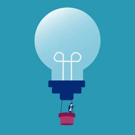 Business idea vector concept: businessman peeking through his binoculars while flying with the lightbulb air balloonのイラスト素材
