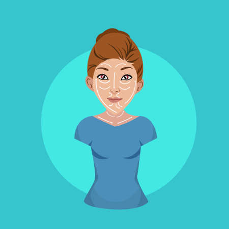 Cosmetology mannequin model vector portrait concept with markings on its face in blue & cyan backgroundのイラスト素材