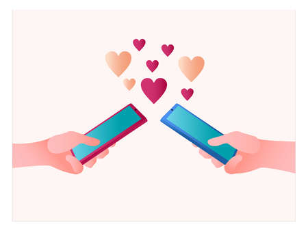 Social media romance vector concept: frame of couple hands texting each other lovely through their own smartphonesのイラスト素材