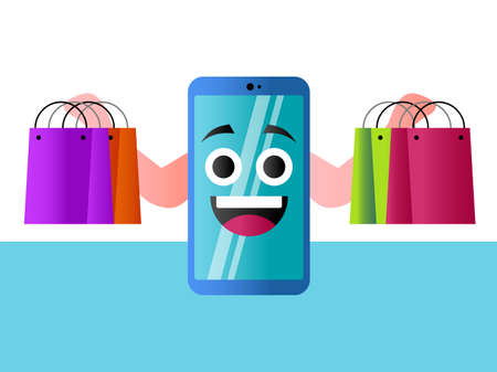 Online shopping vector concept: tablet figure smiling while carrying shopping bagsのイラスト素材
