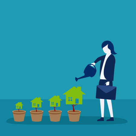 Property investment vector concept: businesswoman carrying her suitcase while watering her house shaped treesのイラスト素材