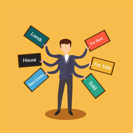 Sales agent vector concept with male figure wearing a black suit, while holding business term labels with his six arms in orange backgroundのイラスト素材