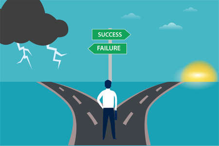 Decision making vector concept: businessman carrying a suitcase while standing on an intersection with a Success and Failure road signのイラスト素材