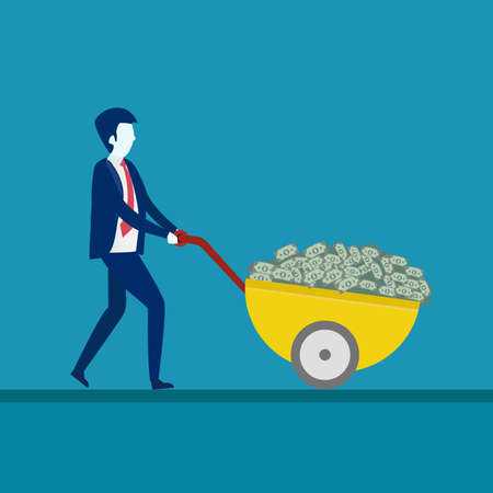Investment vector concept: businessman pushing a wheelbarrow full of money papersのイラスト素材