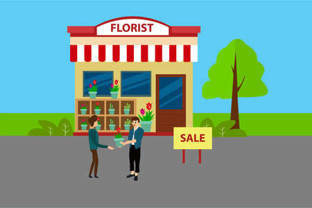 Floristry vector concept: customer buying a pot of tulipのイラスト素材