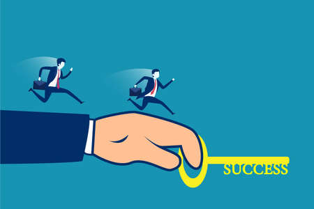 Key to Success vector concept: businessmen running on big arm holding a yellow key towards the Success textのイラスト素材