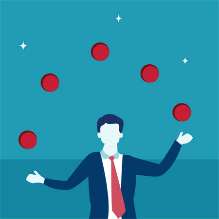 Business circus vector concept: portrait of male figure wearing a blue suit while juggling ballsのイラスト素材