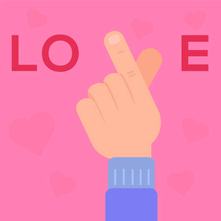 Love vector concept with human hand doing Korean love hand gesture in the middle of "Love" text in transparent pink background full of heartsのイラスト素材