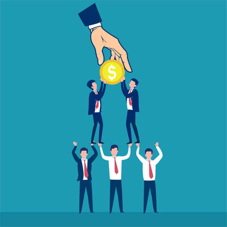 Paycheck vector concept: big hand giving the solid group of businessmen a huge coinのイラスト素材