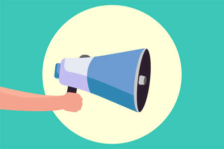 Advertising vector concept: hand holding a megaphone over the mint green backgroundのイラスト素材