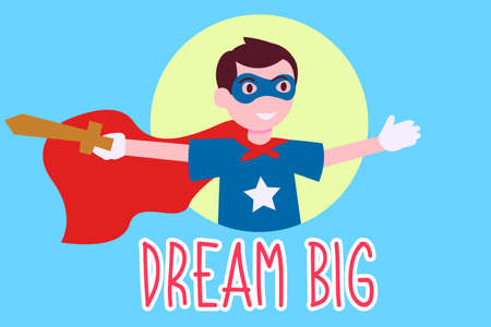Dream big vector concept: portrait of happy superhero boy holding a wooden swordのイラスト素材