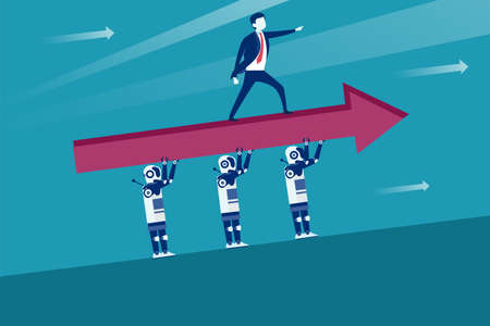 Business RPA vector concept: Businessman standing on a arrow lifted by robots moving forwardのイラスト素材
