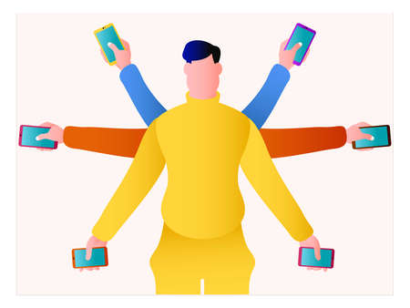 Multitasking vector concept: portrait of man with six arms holding smartphonesのイラスト素材