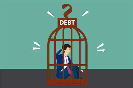 Debt vector concept: businessman trapped inside a cage written "Debt"のイラスト素材