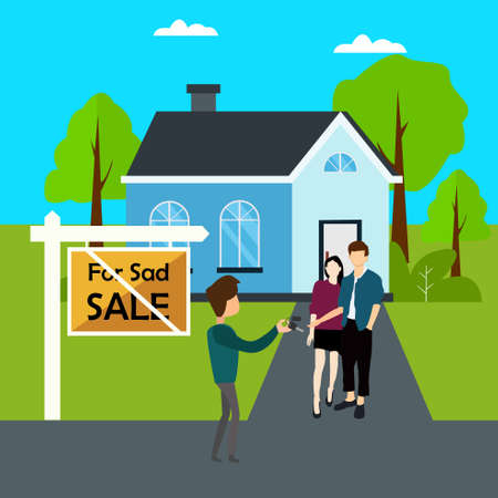 For Sad Sale vector concept with male figure giving the blue house keys to the buyer couple at the green house yard, in the blue cloudy skies backgroundのイラスト素材