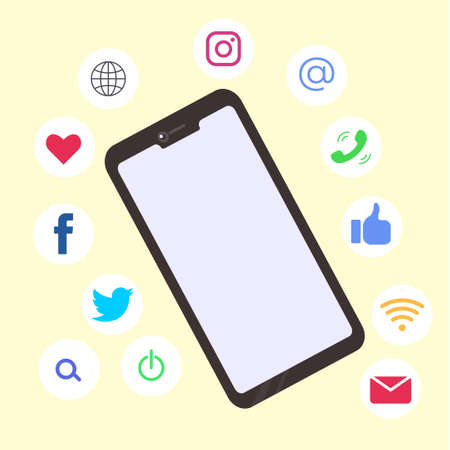 Social media vector concept; smartphone and social media icons surrounding in cream backgroundのイラスト素材