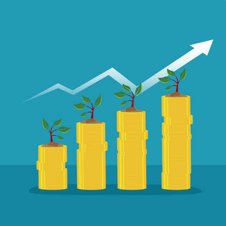 Investment vector concept: stacks of coin with small trees growing making a chart under the white arrowのイラスト素材