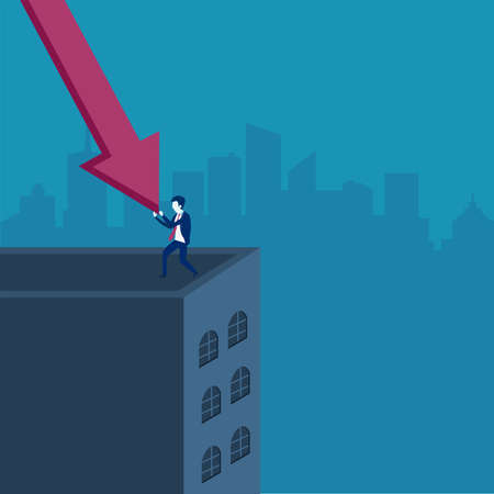 Recession vector concept: Businessman pushing the declining financial chart red arrow on the edge of a building peak to prevent it falls deeperのイラスト素材