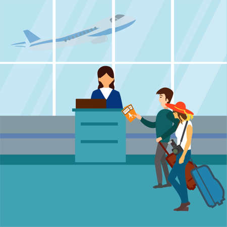 Airport check in vector concept; tourist couple checking in at the counter and giving their tickets to the female agent in the airportのイラスト素材