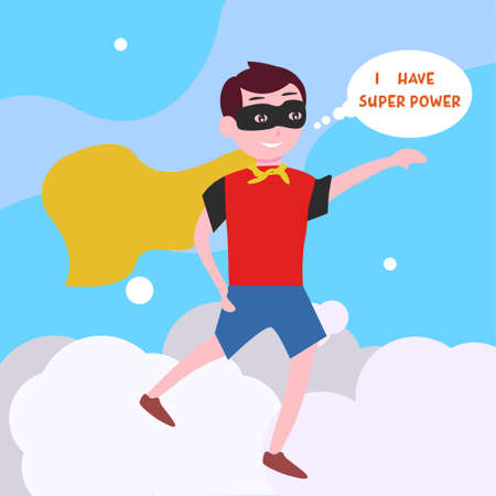 Child fantasy vector concept: superhero boy flying on the clouds while saying "I Have Super Power"のイラスト素材