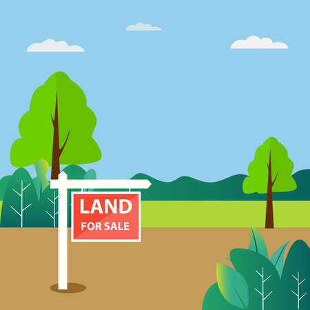 Land for Sale vector concept with its signboard on the empty yard, over blue cloudy skies backgroundのイラスト素材
