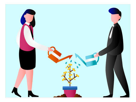 Investment vector concept: frame of business couple watering the coin plantのイラスト素材