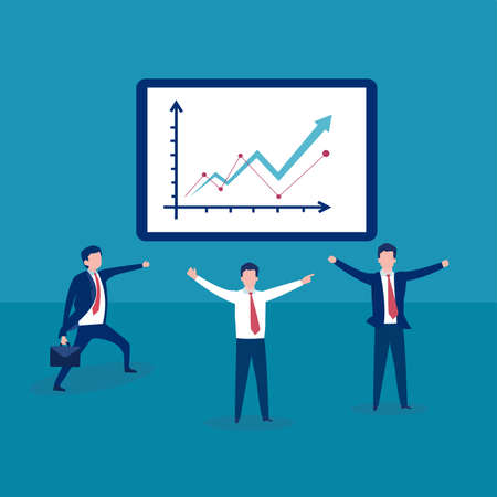 Business profit vector concept: group of businessmen cheering and celebrating the increasing business chartのイラスト素材