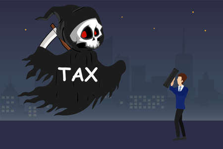 Evil tax vector concept: male figure wearing a blue suit while covering her face from the tax grim reaper with his suitcase, over the bleak city at night backgroundのイラスト素材