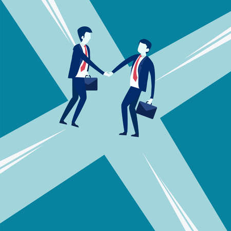 Business agreement vector concept: two male figures wearing dark blue suits and carrying their own suitcases while shaking hands in the middle of crossroadsのイラスト素材