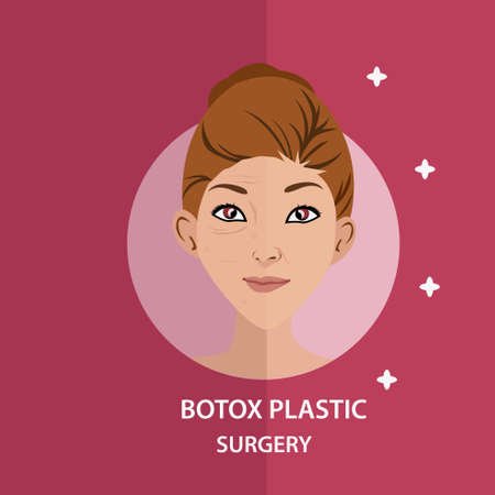 Botox plastic surgery vector concept with two faces of aging and glittering woman comparison, in dual layer background with maroon and red colorsのイラスト素材