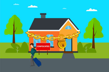 Confiscation vector concept: man carrying his luggage sadly after his house being confiscatedのイラスト素材