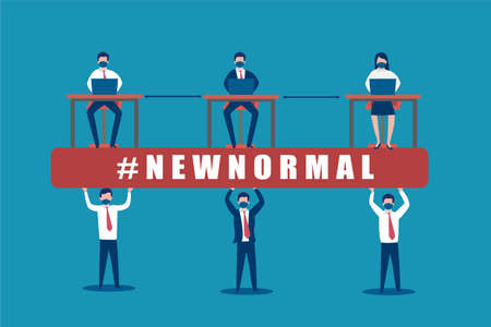 New Normal Vector Concept: gorup of business people with face mask lifting a new normal banner with another group of working on laptop while applying social distancingのイラスト素材