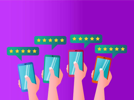 Five star rating vector concept while hands using their smartphones to give the five star rating, in the purple backgroundのイラスト素材