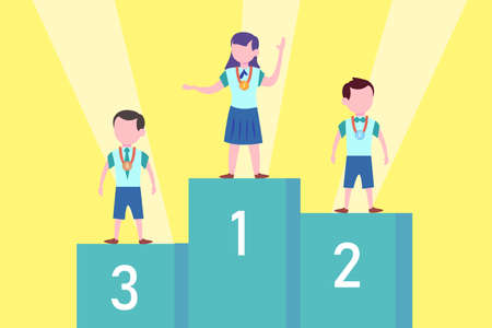 Championship vector concept: students standing on championship podium while wearing medals for each kidsのイラスト素材